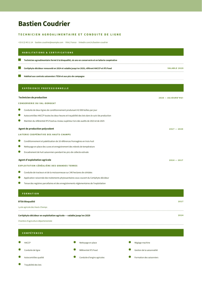 Aperçu Agriculture & agroalimentaire — Technicien agroalimentaire et conduite de ligne