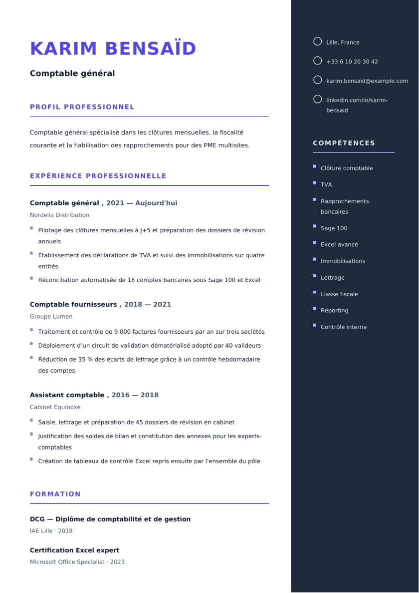 CV A4 de la famille Classique Essentiel : nom en grand, poste de comptable général, profil, expériences et colonne de compétences à droite.