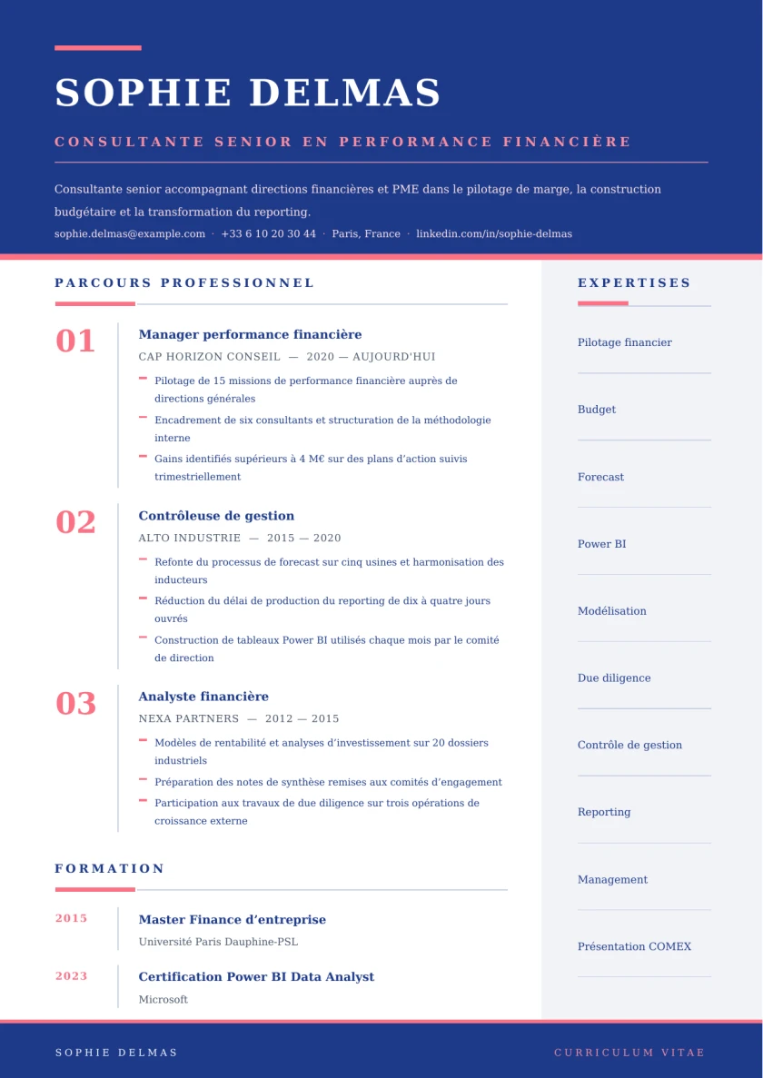 Aperçu Bande Executive — Consultante senior en performance financière