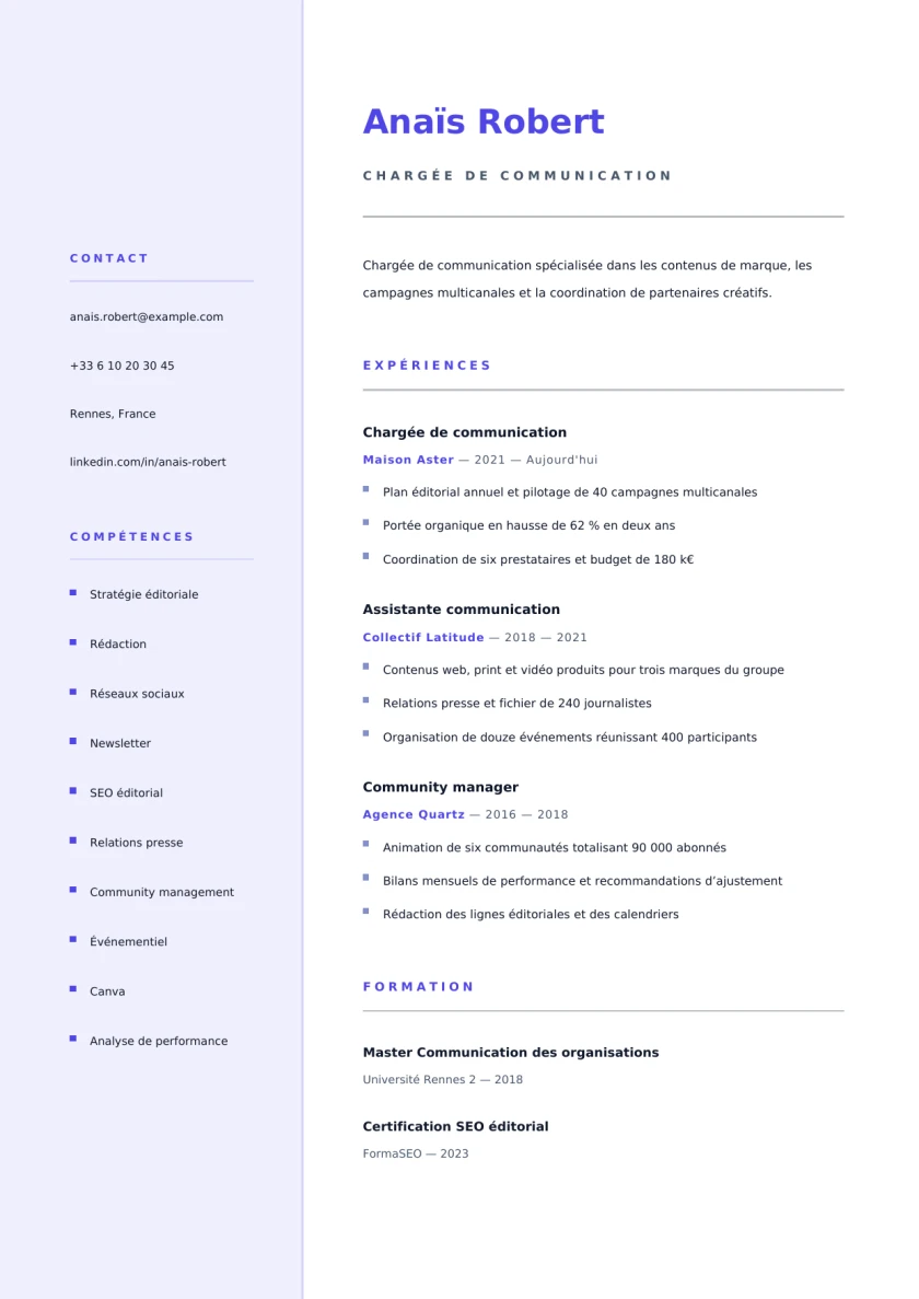CV A4 de la famille Minimal Air : colonne de contact à gauche, beaucoup de blanc, titres indigo.