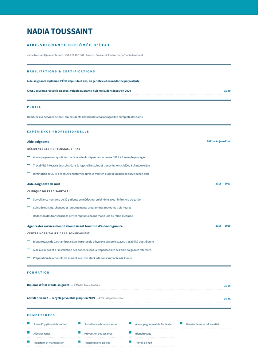Aperçu Soin — Aide-soignant·e — Aide-soignante diplômée d’État