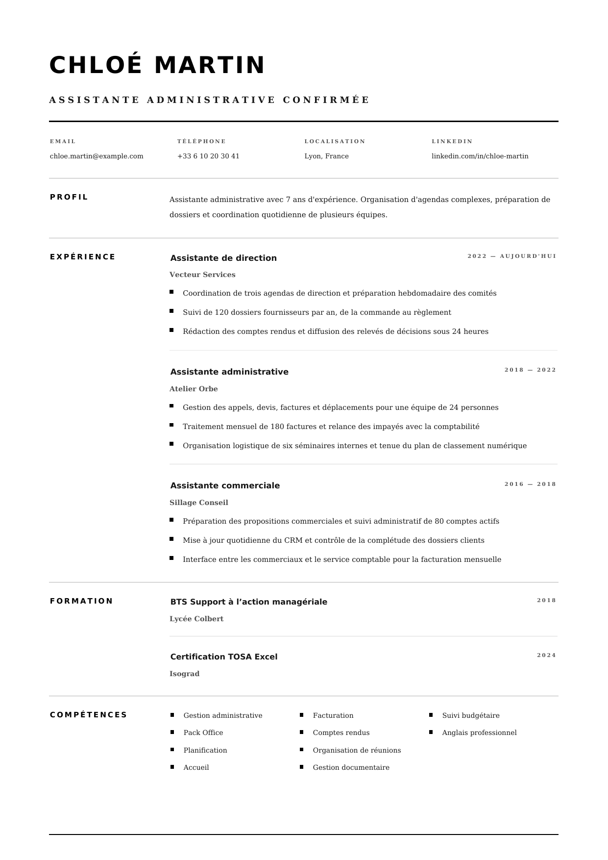 Aperçu ATS Essentiel — Assistante administrative confirmée