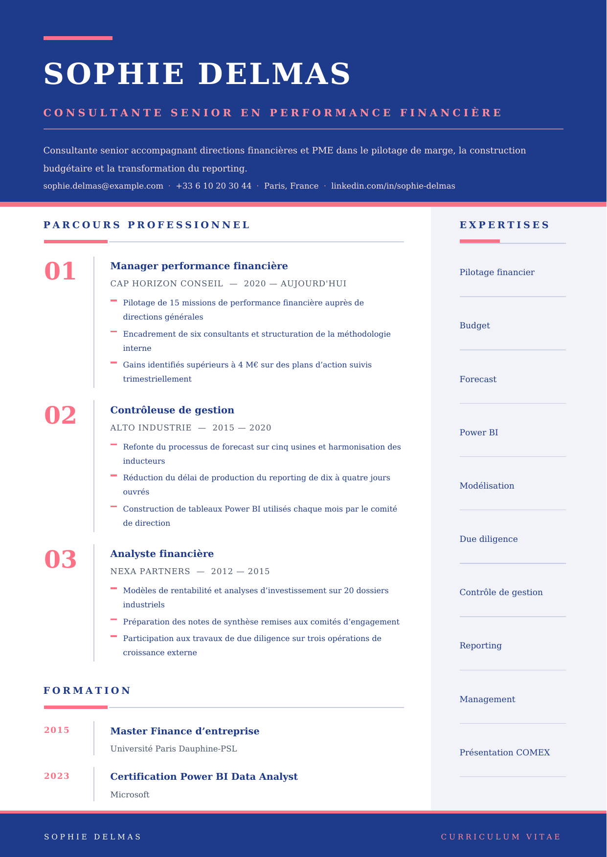 Aperçu Bande Executive — Consultante senior en performance financière