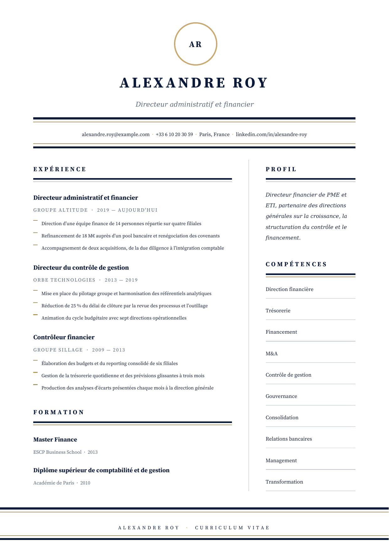 Aperçu En-tête Direction — Directeur administratif et financier