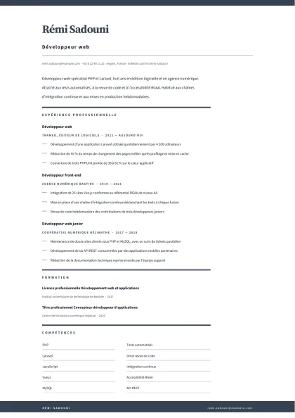 Aperçu A4 du modèle Développeur web
