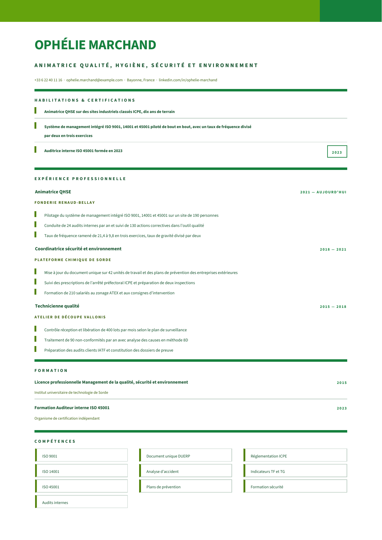 Aperçu Qualité & HSE — Animatrice qualité, hygiène, sécurité et environnement