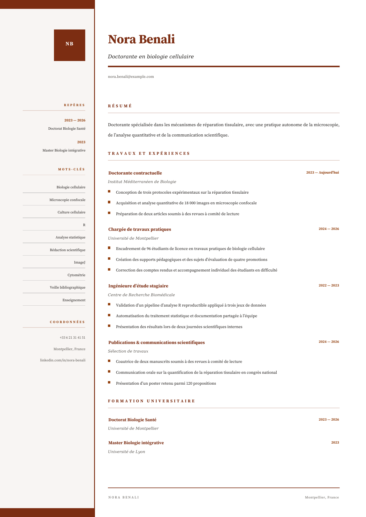 Aperçu Dossier Recherche — Doctorante en biologie cellulaire