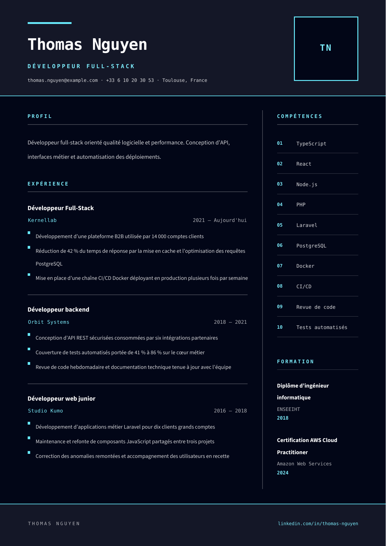 Aperçu Terminal Tech — Développeur Full-Stack
