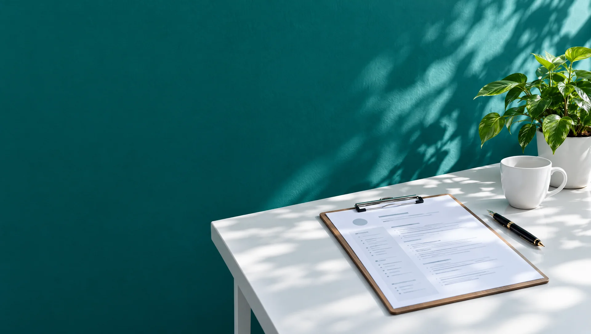Un CV sur une planchette à pince, posé au soleil sur un bureau blanc devant un mur teal, avec un stylo, une tasse et une plante verte.