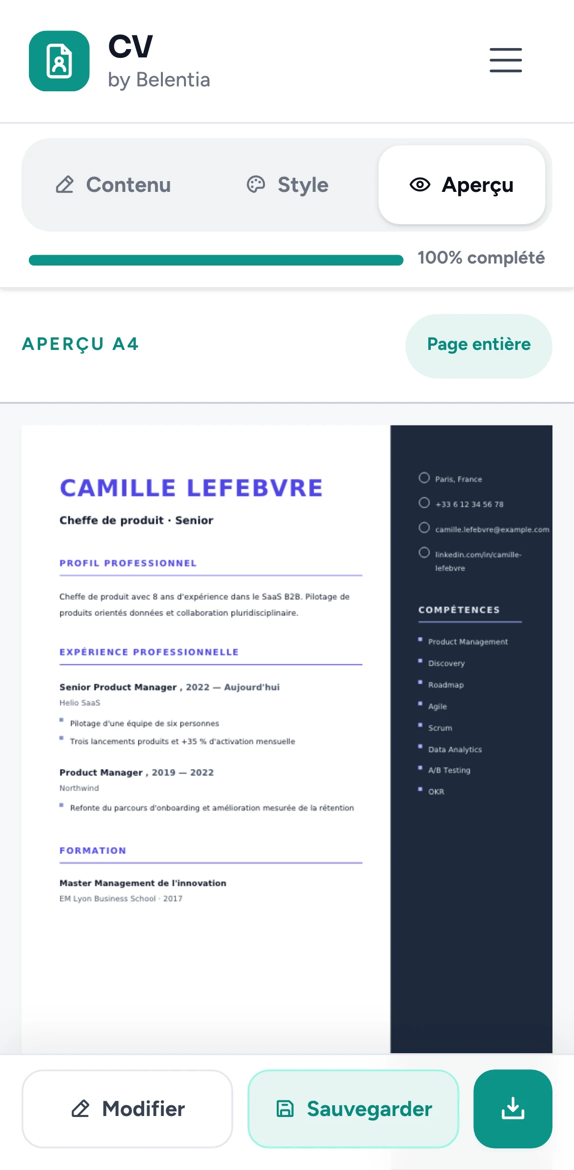 L'onglet Aperçu sur téléphone : la page A4 du CV de Camille Lefebvre, famille Classique Essentiel, avec les boutons Modifier, Sauvegarder et Télécharger.