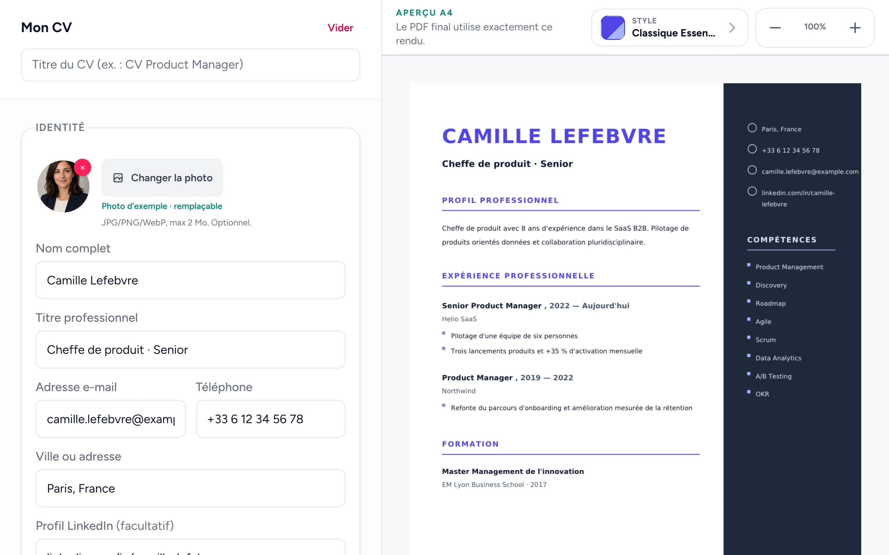 L'éditeur sur ordinateur : formulaire « Mon CV » à gauche (photo et champs d'identité avec leur libellé, début du profil) et aperçu A4 du CV de Camille Lefebvre, famille Classique Essentiel, à droite.