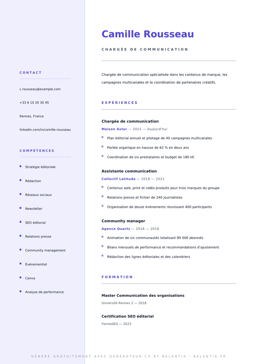 Aperçu A4 en direct : le CV de Camille Rousseau, chargée de communication chez Maison Aster, rendu par le moteur PDF dans la famille Minimal Air.