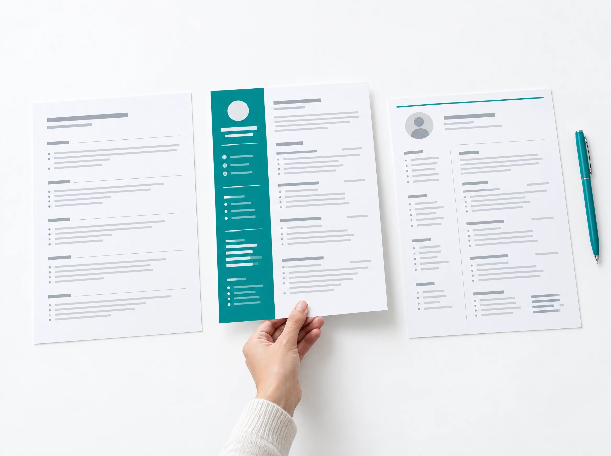 Illustration : trois CV imprimés aux mises en page différentes sur une table blanche, une main avance celui du milieu, à bandeau teal.