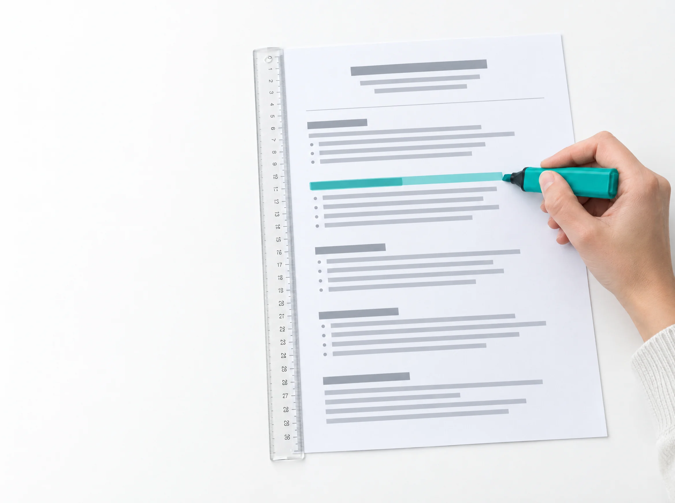 Illustration : un CV imprimé à une colonne, une règle le long de la marge et une main qui surligne un intertitre au surligneur teal.