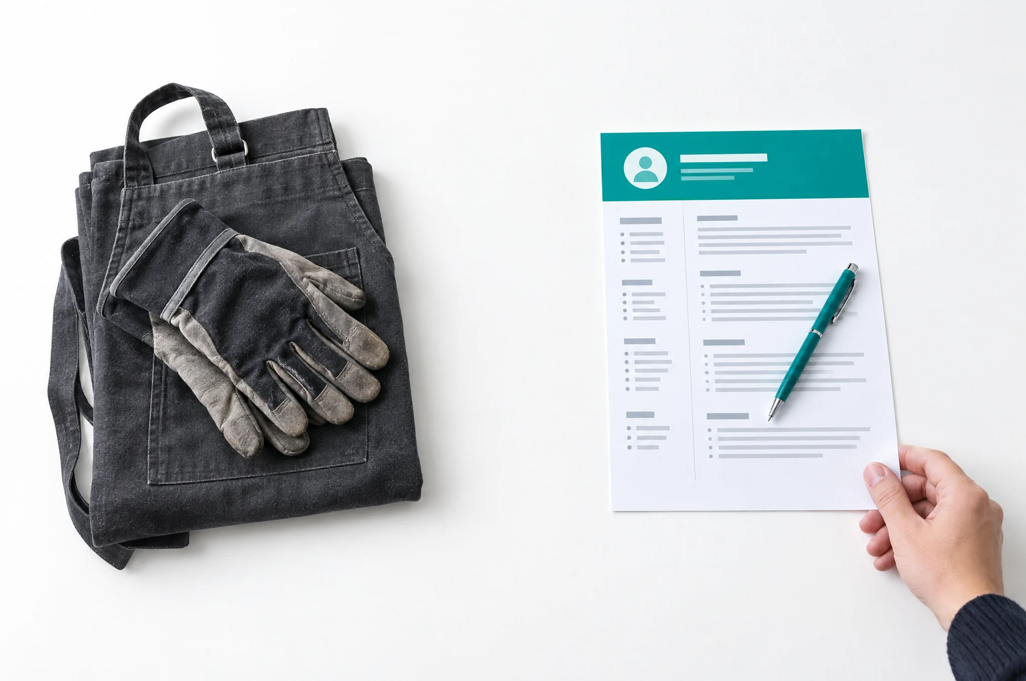 Illustration : à gauche un tablier de travail plié et des gants, à droite un CV neuf à bandeau teal qu'une main pousse vers l'avant.