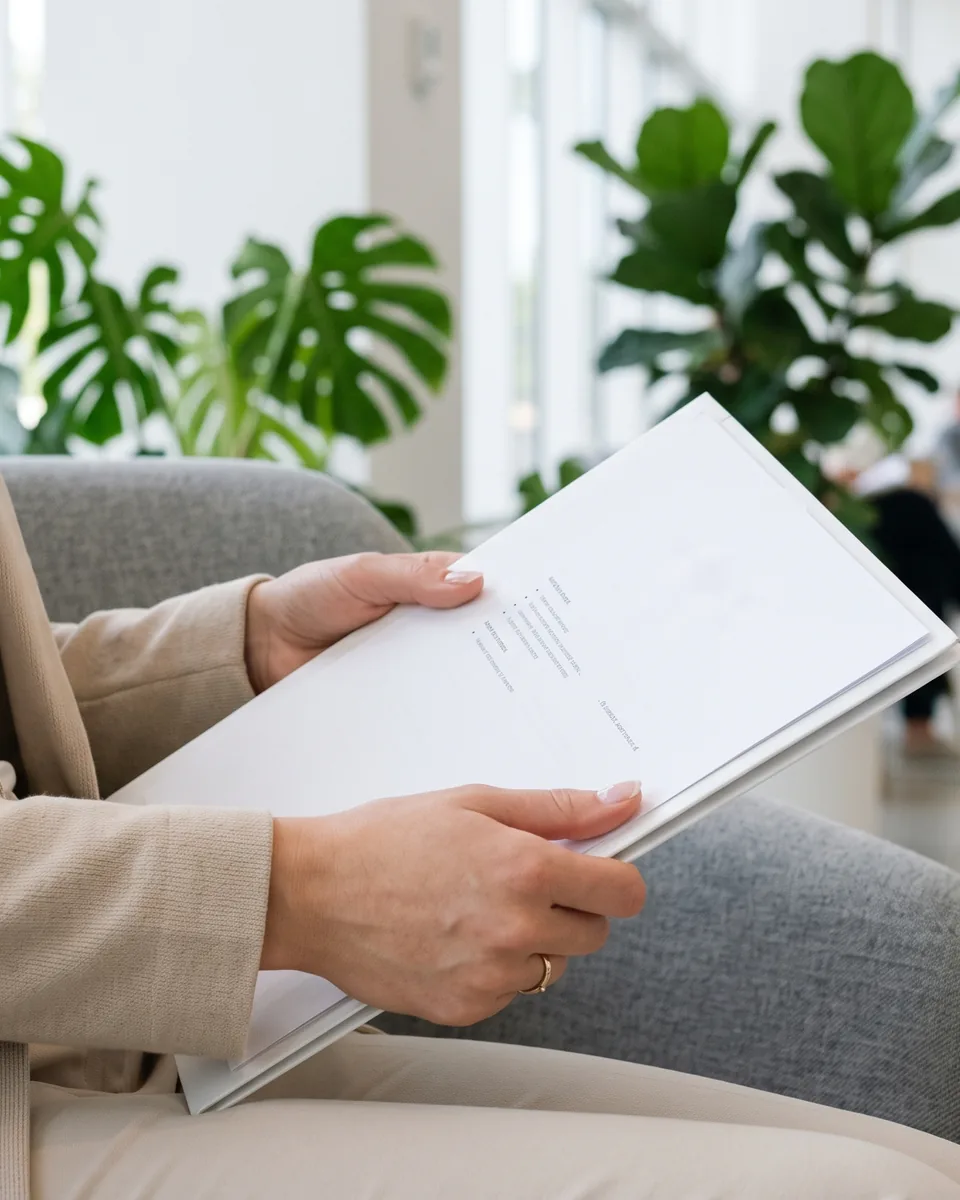 Assise dans un hall planté, une personne relit son CV avant un entretien.
