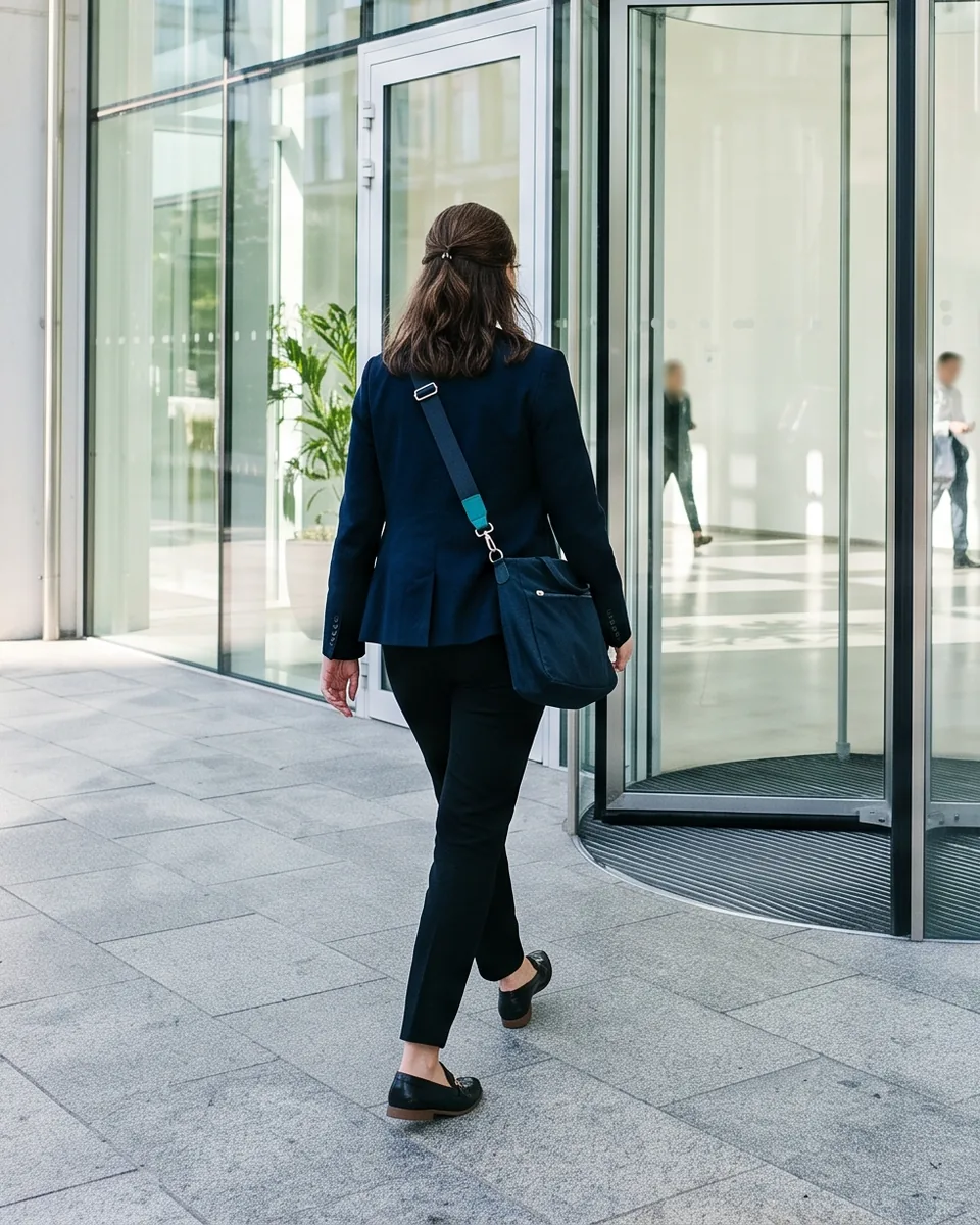 Premier jour : une personne de dos entre dans un immeuble par une porte à tambour.
